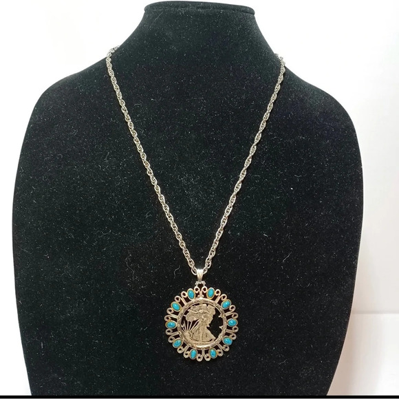 90% Silver 1946 Cut Out Walking Liberty Half Dollar Southwest Style Necklace, - Picture 1 of 7